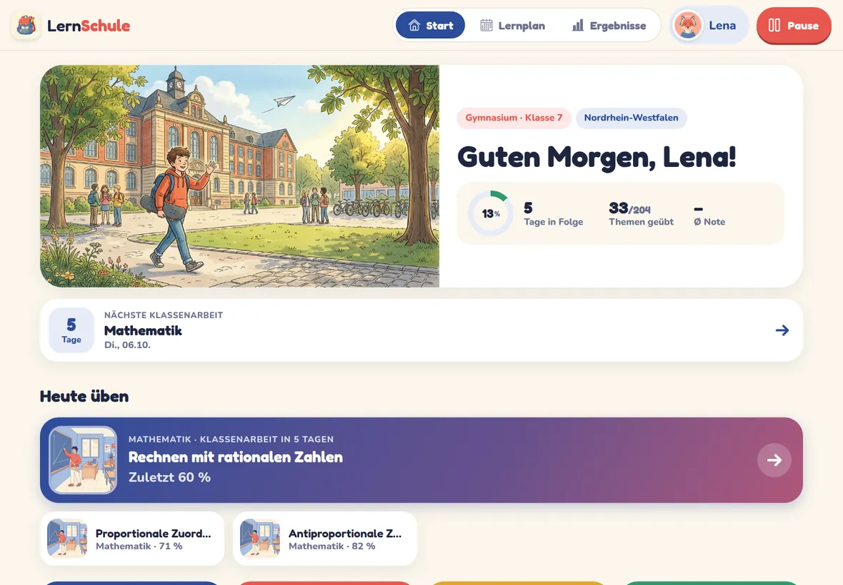 Startseite von LernSchule mit Begrüßung, Lernfortschritt und nächster Klassenarbeit