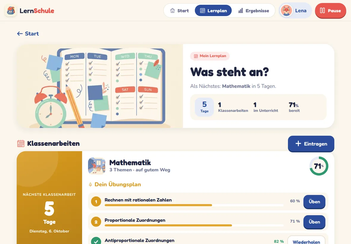 Lernplan mit Countdown bis zur Mathematik-Klassenarbeit und Übungsplan