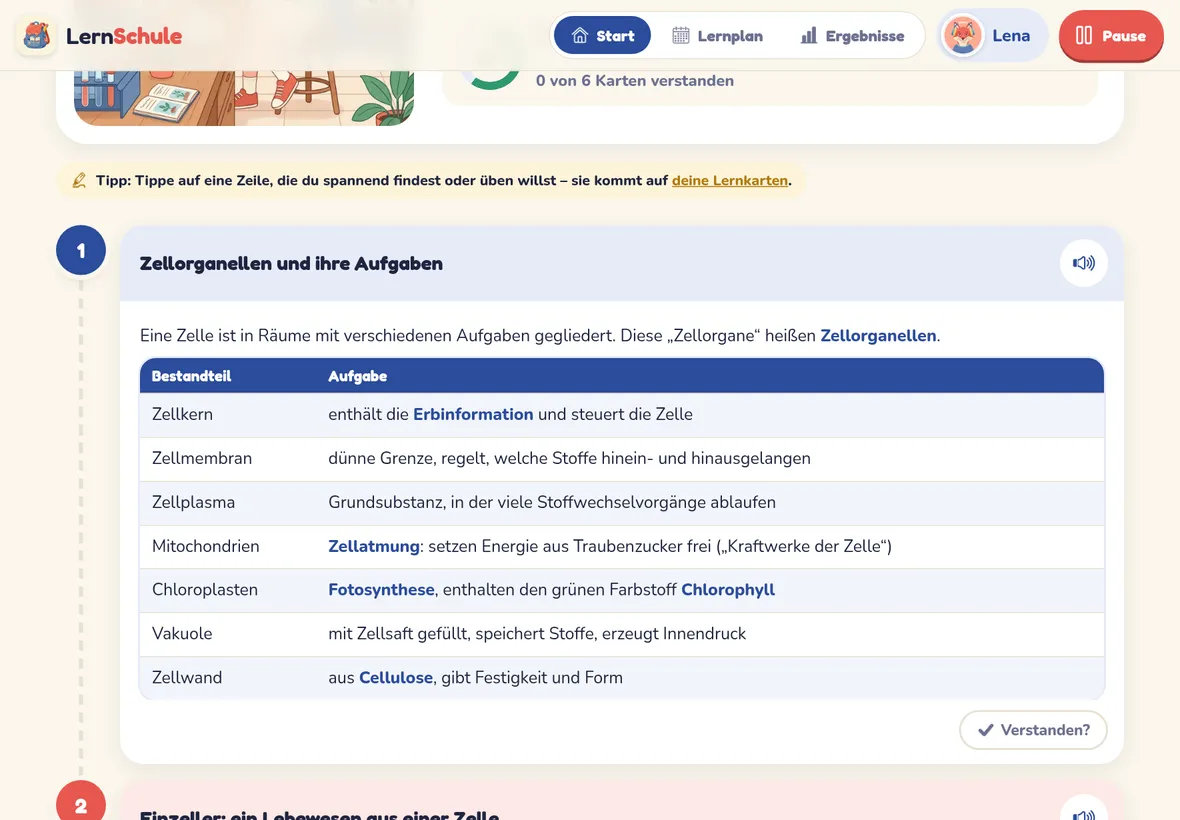 Lernkarte zu Zellorganellen mit Tabelle und Vorlese-Taste